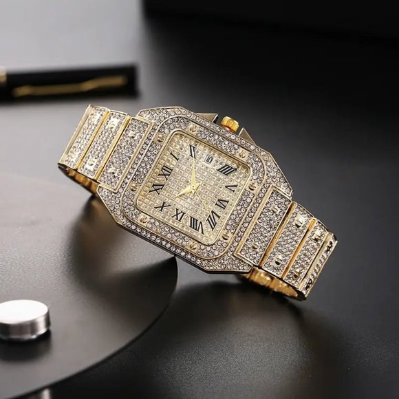 Men's Iced Out Quartz Watch Gold tone Sparkling Bling Watch Roman Numbered Dial - Picture 2 of 3
